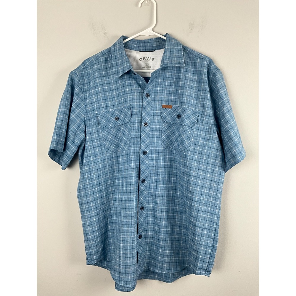 Orvis Men's Large‎ Blue Plaid Short Sleeve Button Up Outdoor Fishing Shirt